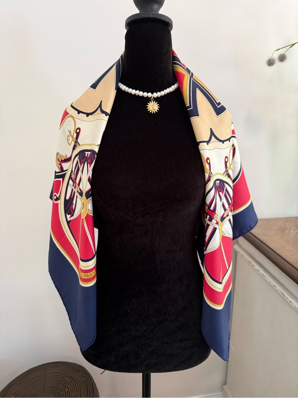 Hermes Silk Scarf Navy Red White Hand Rolled Made in France - Picture 3 of 12